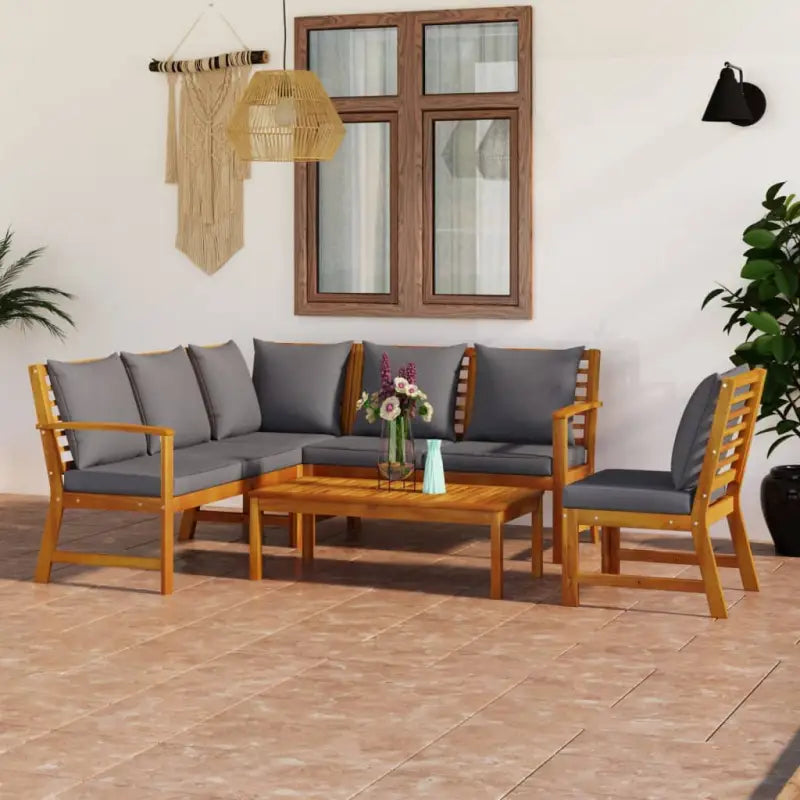 Massief Acaciahout Loungeset voor buiten met moderne elegantie - Donkergrijs / hoek + midden + 2x Bank + Tafel