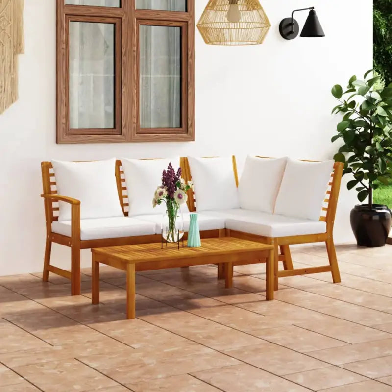 Massief Acaciahout Loungeset voor buiten met moderne elegantie - Crème / hoek + midden + Bank + Tafel - Tuinsets
