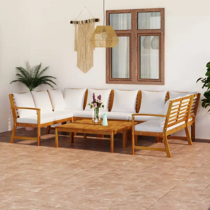 Massief Acaciahout Loungeset voor buiten met moderne elegantie - Crème / 2x hoek + 3x midden + 2x Bank + 2x Tafel