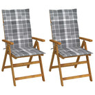 Massief acaciahout tuinstoelen met kussens en sets touwtjes levering bevat - Grijs ruitpatroon / 120 x 50 x 3 cm / 2