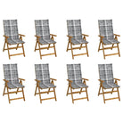 Massief acaciahout tuinstoelen met kussens en sets touwtjes levering bevat - Grijs ruitpatroon / 120 x 50 x 3 cm / 8