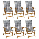 Massief acaciahout tuinstoelen met kussens en sets touwtjes levering bevat - Grijs ruitpatroon / 120 x 50 x 3 cm / 6
