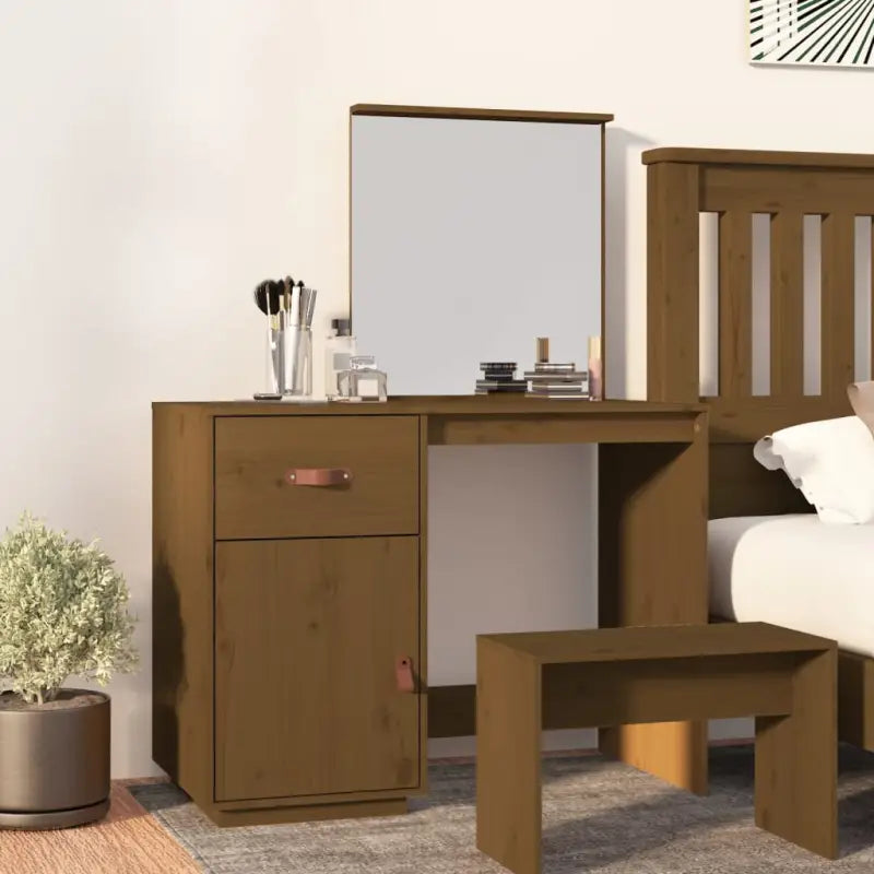 Massief Grenen Houten Slaapkamerkaptafel met Spiegel - Honingbruin / 1 - Slaapkamerkaptafels
