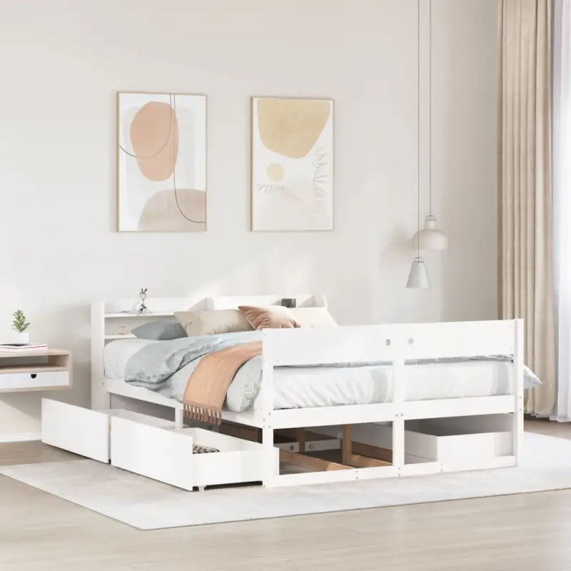 Massief grenenhout bedframe met opbergruimte voor een goede nachtrust - Wit / 135 x 190 cm - Bedden & bedframes
