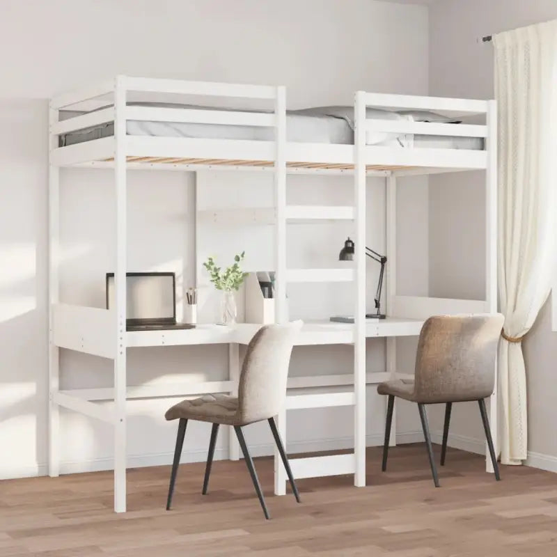 Massief Grenenhout Hoogslaper met Bureau Ideale Keuze voor Beperkte Ruimte - Wit / 75 x 190 cm - Bedden & bedframes