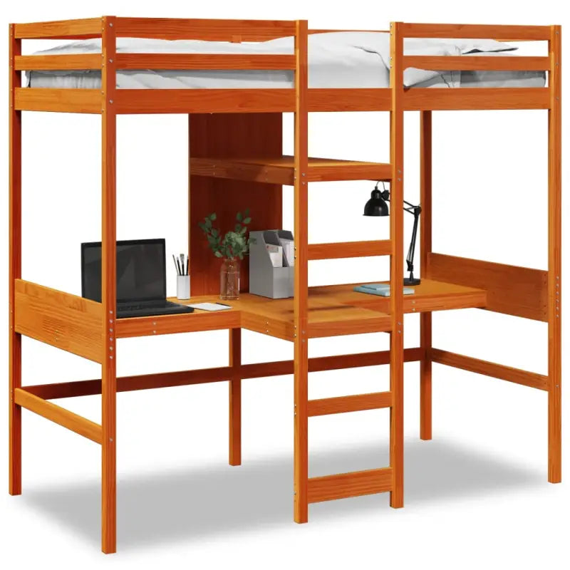 Massief Grenenhout Hoogslaper met Bureau Ideale Keuze voor Beperkte Ruimte - Wasbruin / 90 x 200 cm - Bedden & bedframes