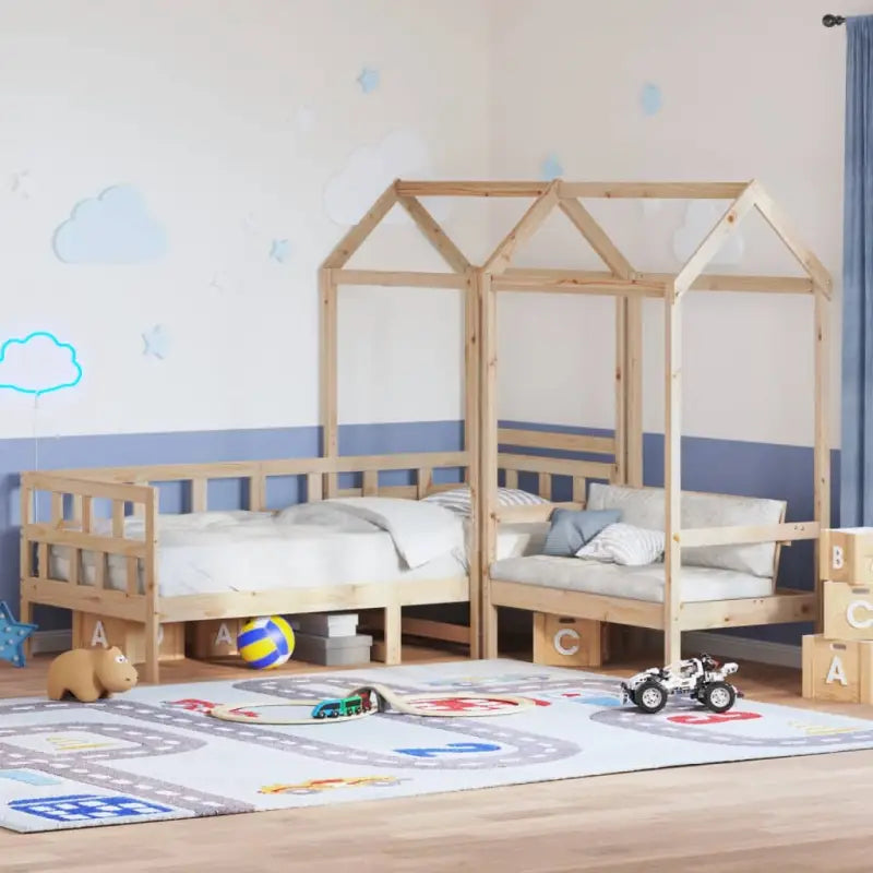 Massief Grenenhout Slaapbank met Huisje en Bankje in Witmateriaal - Naturel / 90 x 200 cm - Bedden & bedframes