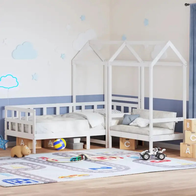 Massief Grenenhout Slaapbank met Huisje en Bankje in Witmateriaal - Wit / 80 x 200 cm - Bedden & bedframes
