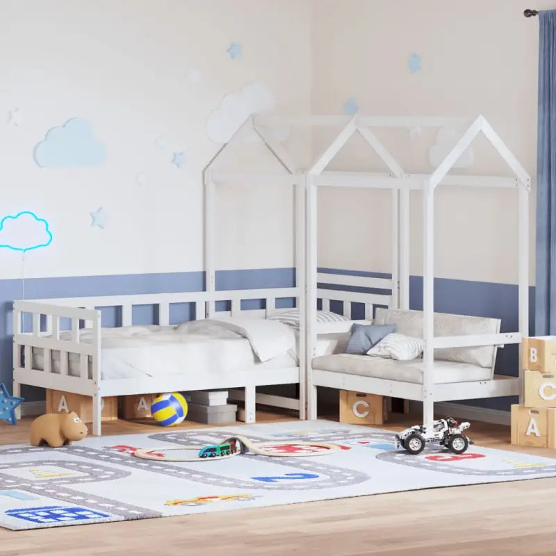 Massief Grenenhout Slaapbank met Huisje en Bankje in Witmateriaal - Wit / 90 x 190 cm - Bedden & bedframes