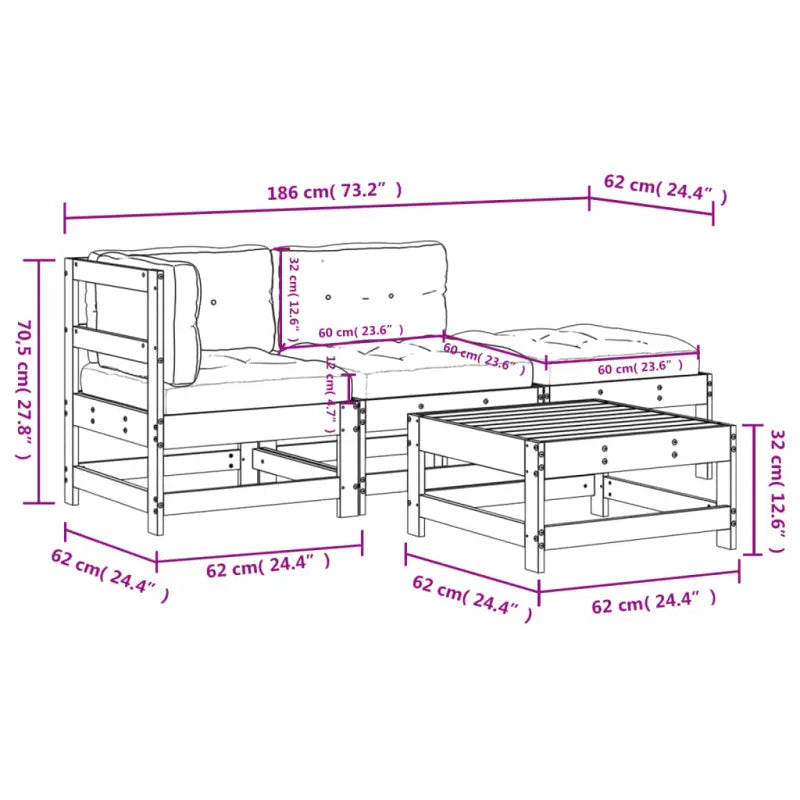 Massief Grenenhout Tuin Lounge Set met Voetenbank en Salontafel - Tuinsets