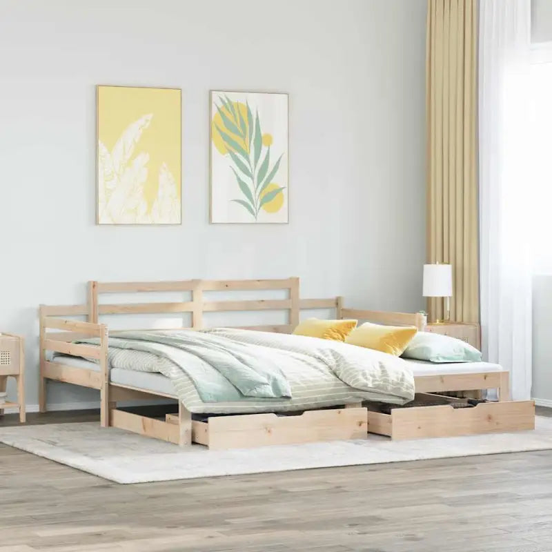 Massief Grenenhouten 2-in-1 slaapbank met onderschuifbed - Naturel / 90 x 190 cm - Bedden & bedframes