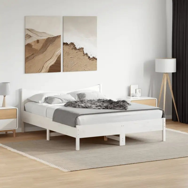 Massief Grenenhouten bedframe met multiplex lattenbodem en uitstekende ondersteuning - Wit / 160 x 200 cm - Bedden &