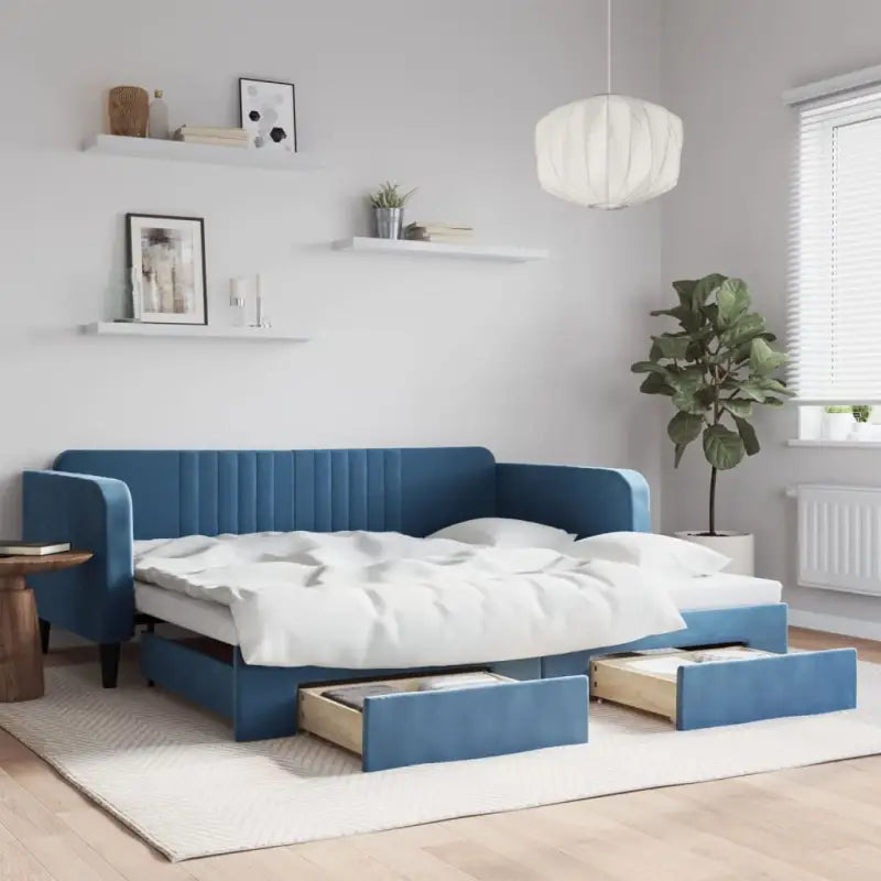 Massief hout 2-in-1 dagbed met modern ontwerp voor woon- of slaapkamer - Blauw / 100 x 200 cm / met onderschuifbed