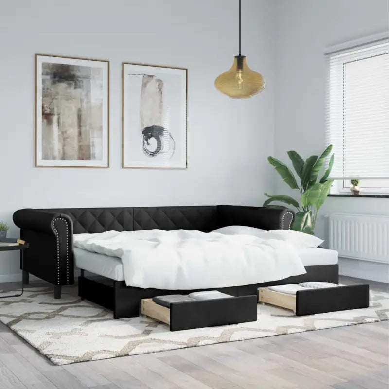Massief hout 2-in-1 dagbed met modern ontwerp voor woonkamer of slaapkamer - Zwart / 90 x 200 cm / met onderschuifbed