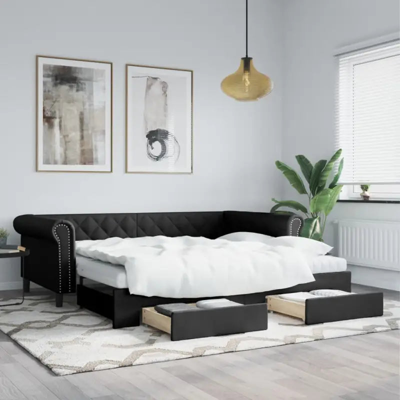 Massief hout 2-in-1 dagbed met modern ontwerp voor woonkamer of slaapkamer - Zwart / 90 x 200 cm / met onderschuifbed