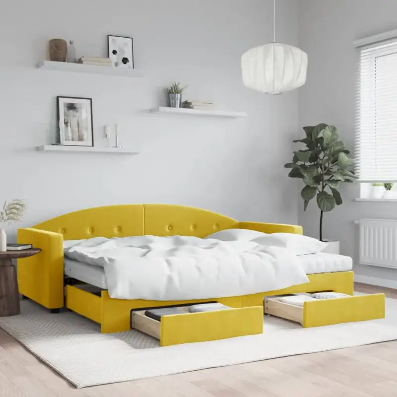 Massief hout dagbed met modern ontwerp voor woonkamer en slaapkamer - Geel / 80 x 200 cm / met onderschuifbed en lade
