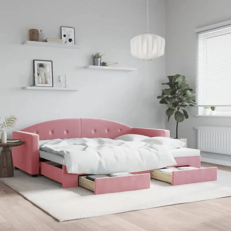 Massief hout dagbed met modern ontwerp voor woonkamer en slaapkamer - Roze / 90 x 200 cm / met onderschuifbed en lade