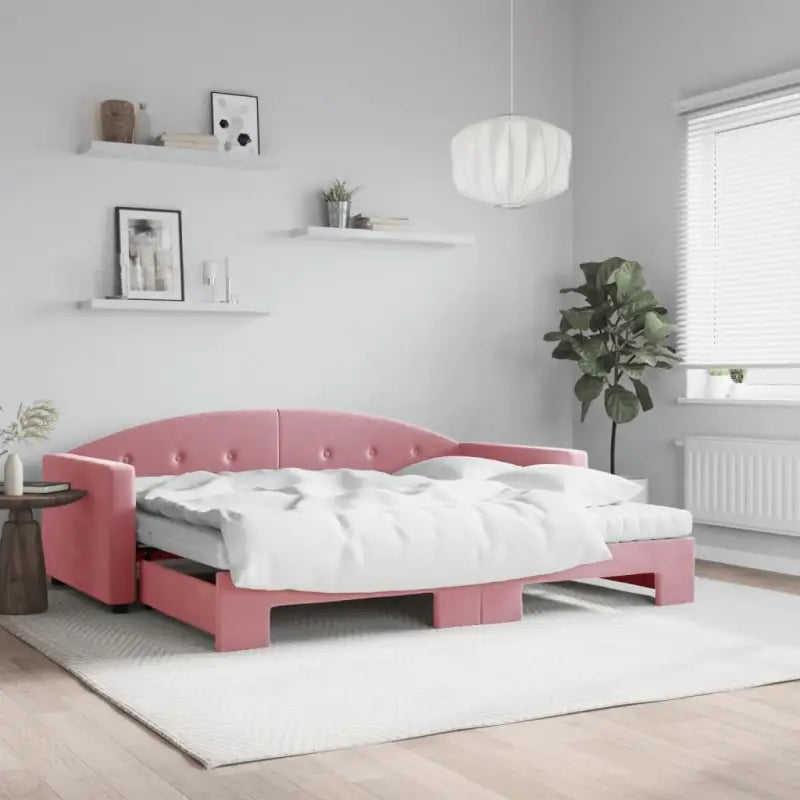 Massief hout dagbed met modern ontwerp voor woonkamer en slaapkamer - Roze / 90 x 200 cm / met onderschuifbed en matras