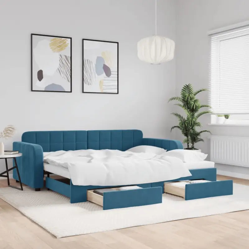 Massief hout dagbed met modern ontwerp voor woonkamer of slaapkamer - Blauw / 90 x 200 cm / met onderschuifbed en lade