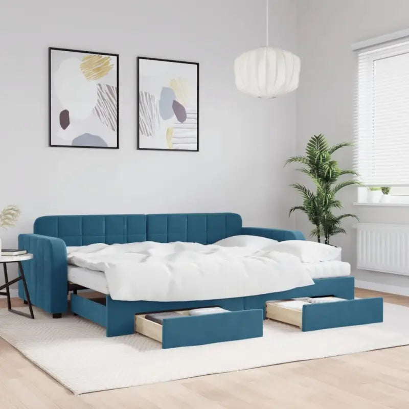 Massief hout dagbed met modern ontwerp voor woonkamer of slaapkamer - Blauw / 80 x 200 cm / met onderschuifbed en lade