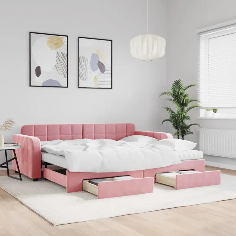 Massief hout dagbed met modern ontwerp voor woonkamer of slaapkamer - Roze / 90 x 200 cm / met onderschuifbed en lade