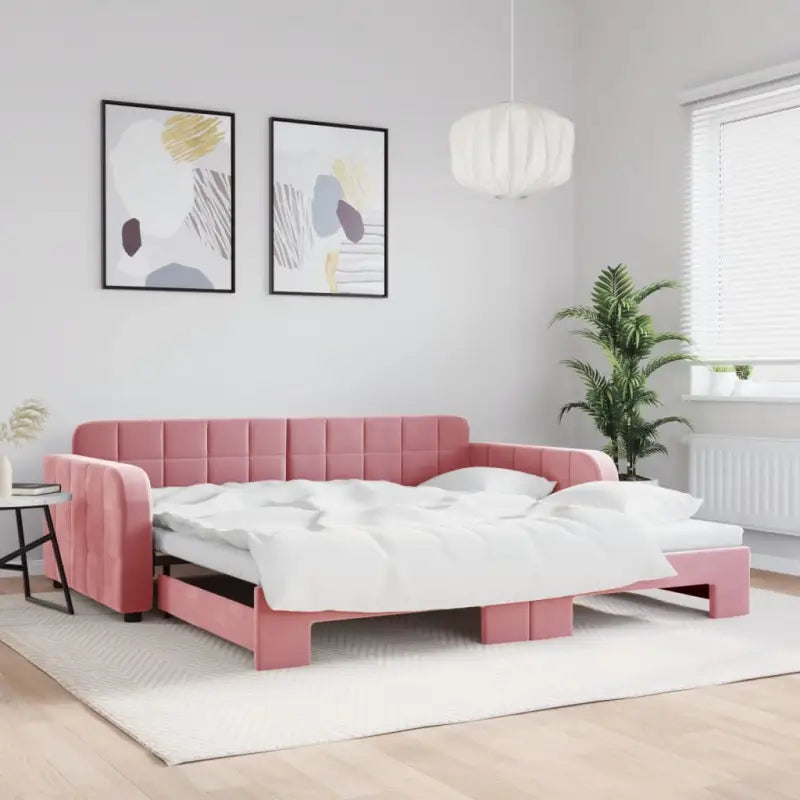 Massief hout dagbed met modern ontwerp voor woonkamer of slaapkamer - Roze / 100 x 200 cm / met onderschuifbed - Bedden