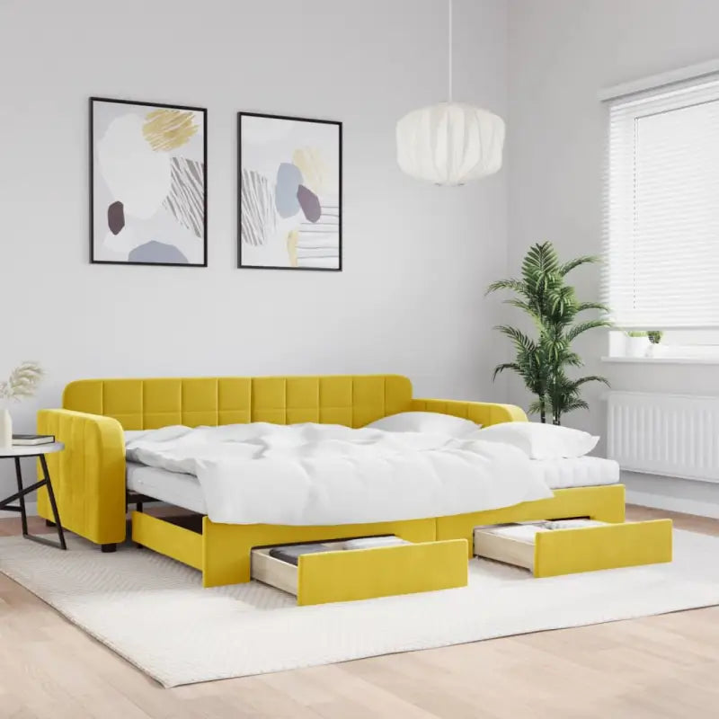 Massief hout dagbed met modern ontwerp voor woonkamer of slaapkamer - Geel / 90 x 200 cm / met onderschuifbed en lade