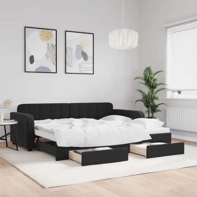 Massief hout dagbed met modern ontwerp voor woonkamer of slaapkamer - Zwart / 90 x 200 cm / met onderschuifbed en lade