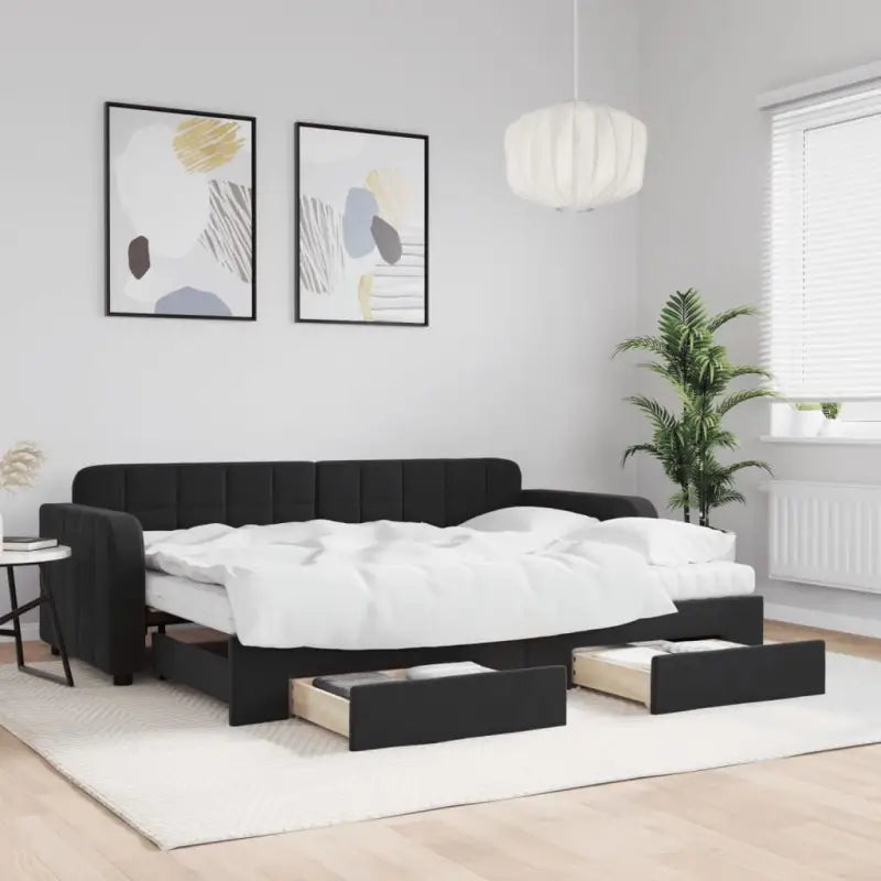Massief hout dagbed met modern ontwerp voor woonkamer of slaapkamer - Zwart / 80 x 200 cm / met onderschuifbed en lade