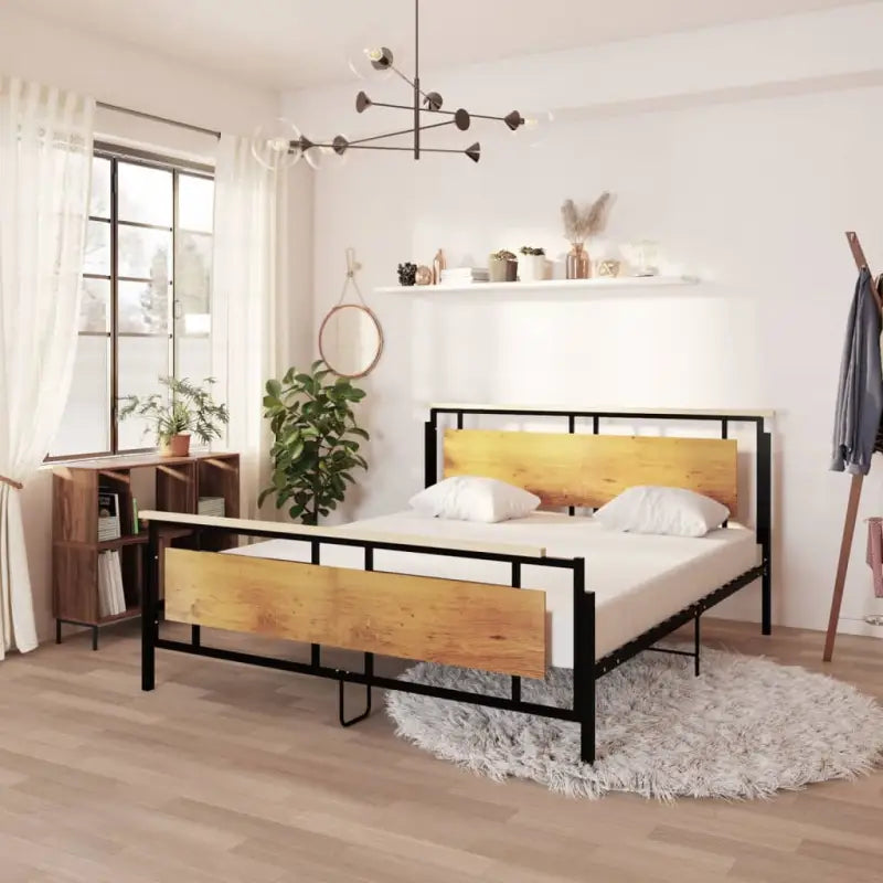 Metalen bedframe met massief eikenhout voor heerlijke nachtrust - 180 x 200 cm - Bedden & bedframes