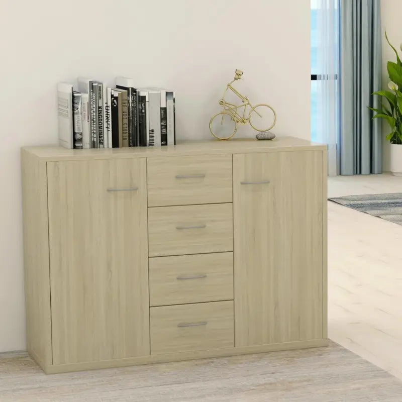 Minimalistisch bewerkt hout dressoir met opbergruimte en decoratieve uitstraling - Sonoma eiken / 1 - Dressoirs &