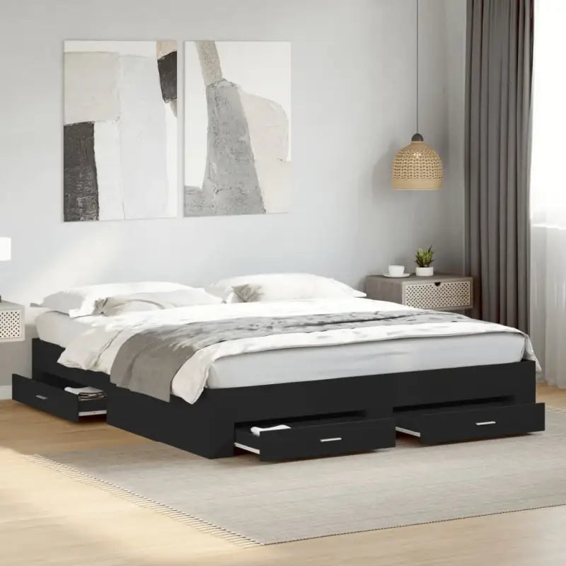 Modern bedframe met lades van bewerkt hout voor een eigentijdse slaapkamer - Zwart / 200 x 200 cm - Bedden & bedframes