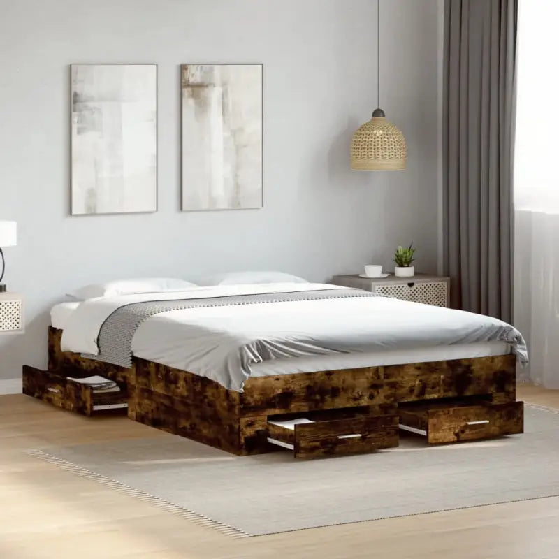 Modern bedframe met lades van bewerkt hout voor een eigentijdse slaapkamer - Gerookt eiken / 120 x 190 cm - Bedden &