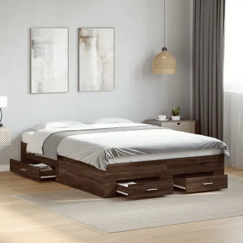 Modern bedframe met lades van bewerkt hout voor een eigentijdse slaapkamer - bruin eikenkleur / 135 x 190 cm - Bedden &