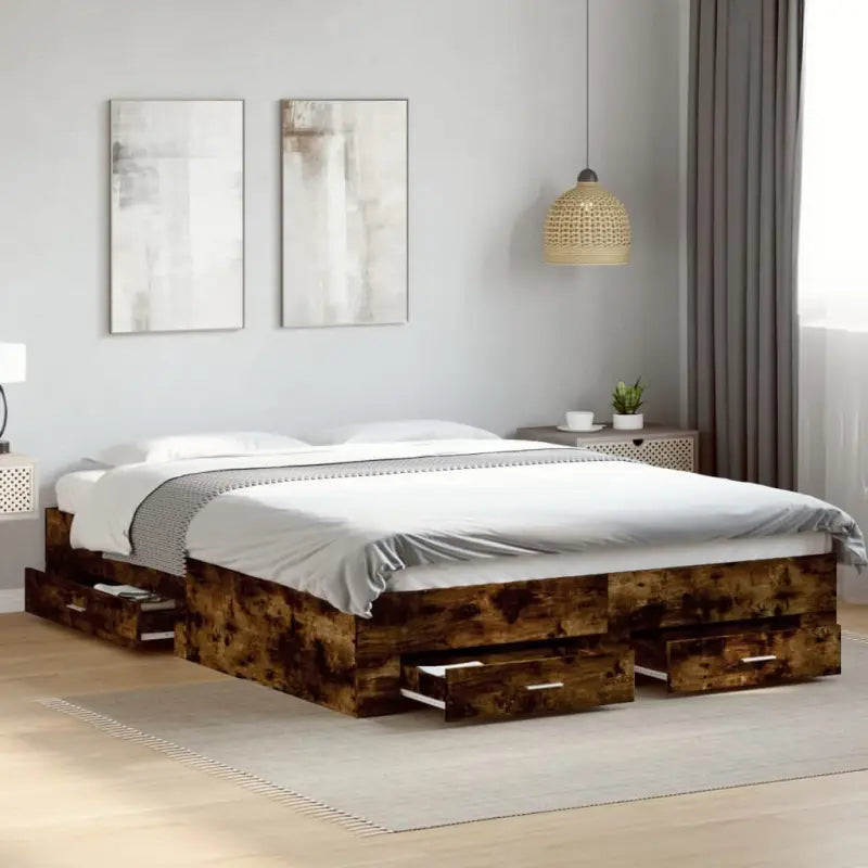 Modern bedframe met lades van bewerkt hout voor een eigentijdse slaapkamer - Gerookt eiken / 160 x 200 cm - Bedden &