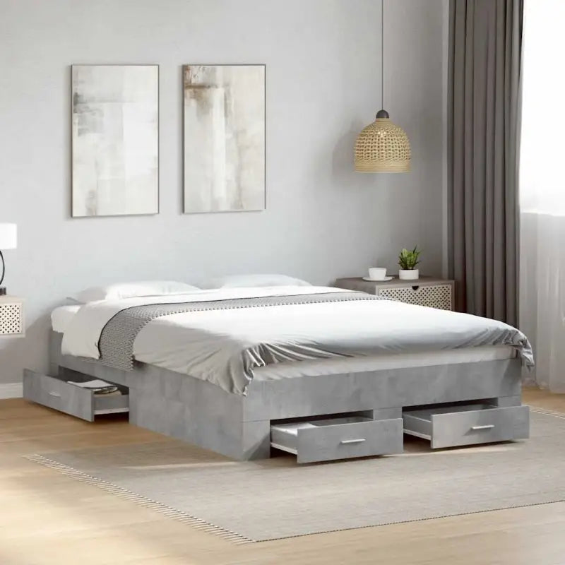Modern bedframe met lades van bewerkt hout voor een eigentijdse slaapkamer - Betongrijs / 135 x 190 cm - Bedden &