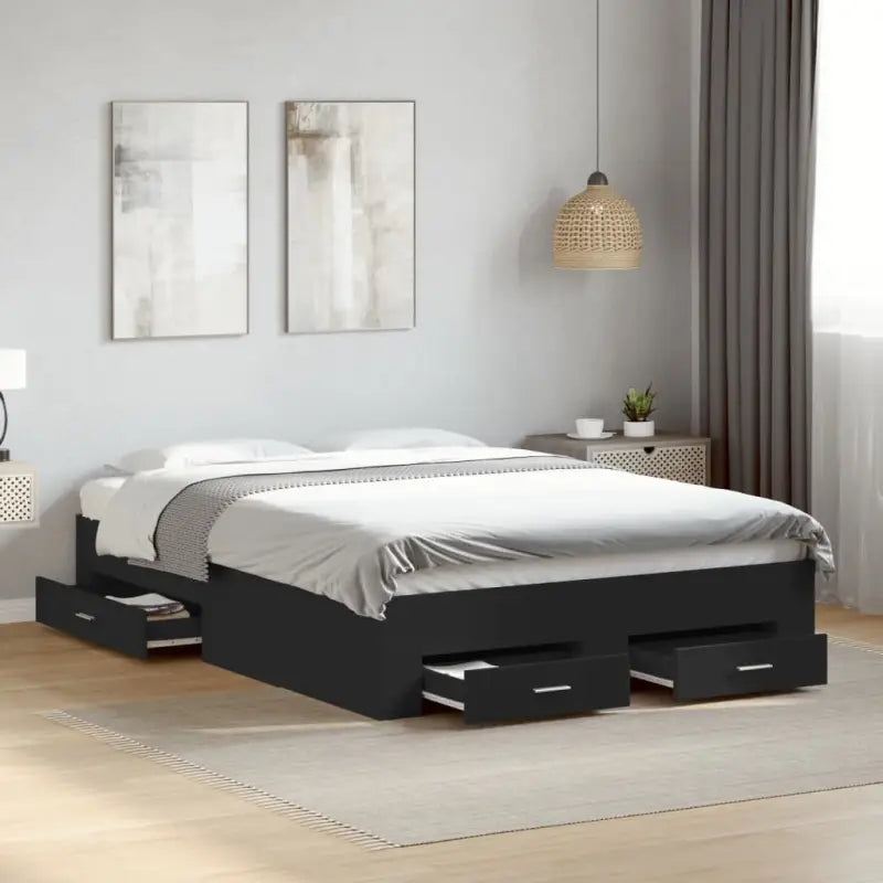 Modern bedframe met lades van bewerkt hout voor een eigentijdse slaapkamer - Zwart / 140 x 190 cm - Bedden & bedframes