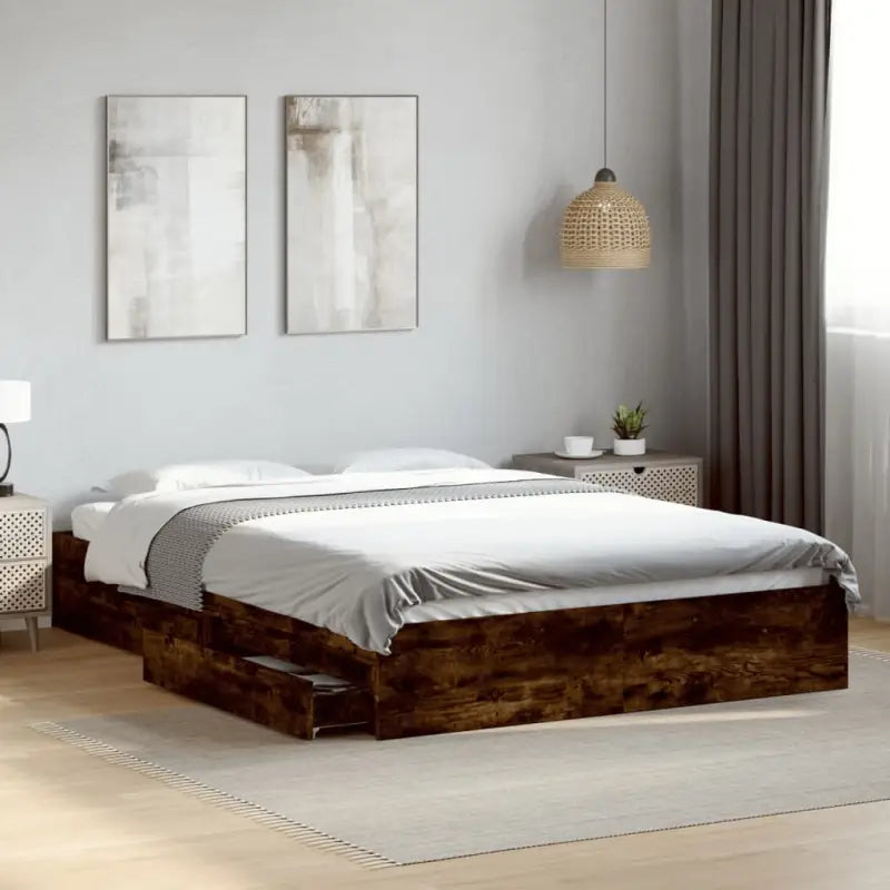 Modern bedframe met lades van bewerkt hout voor een stijlvolle slaapkamer - Gerookt eiken / 150 x 200 cm - Bedden &