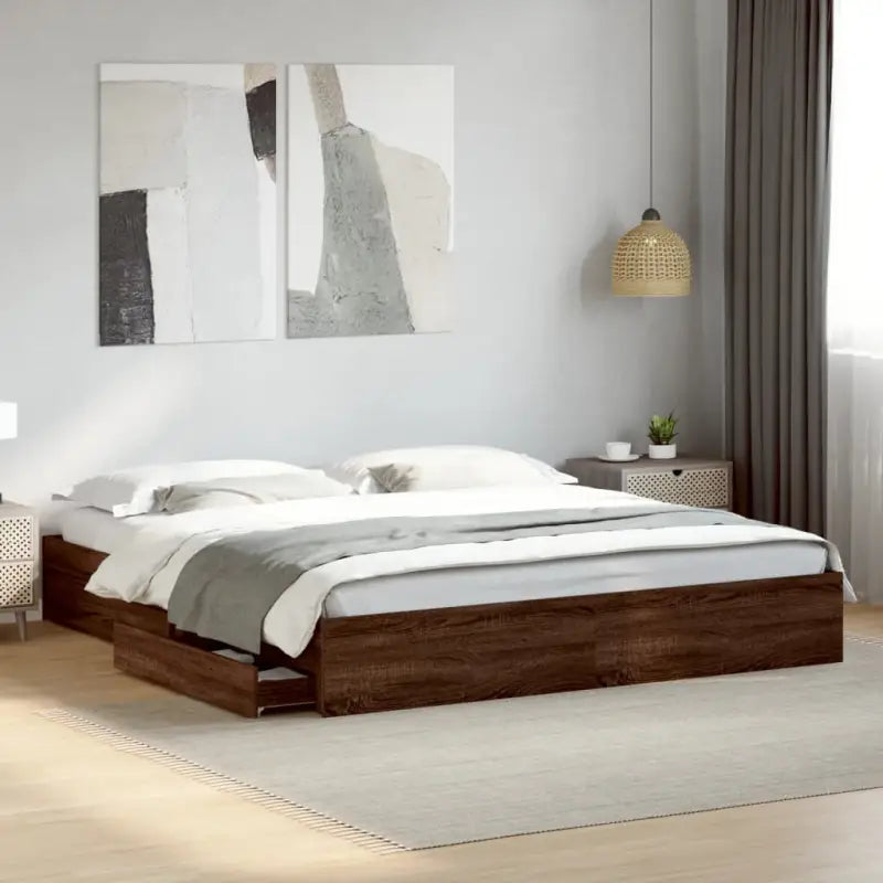 Modern bedframe met lades van bewerkt hout voor een stijlvolle slaapkamer - bruin eikenkleur / 180 x 200 cm - Bedden &