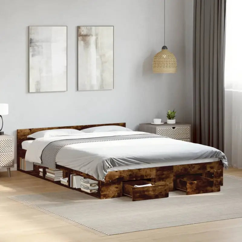 Modern bedframe met lades van bewerkt hout voor een stijlvolle slaapkamer - Gerookt eiken / 140 x 190 cm - Bedden &