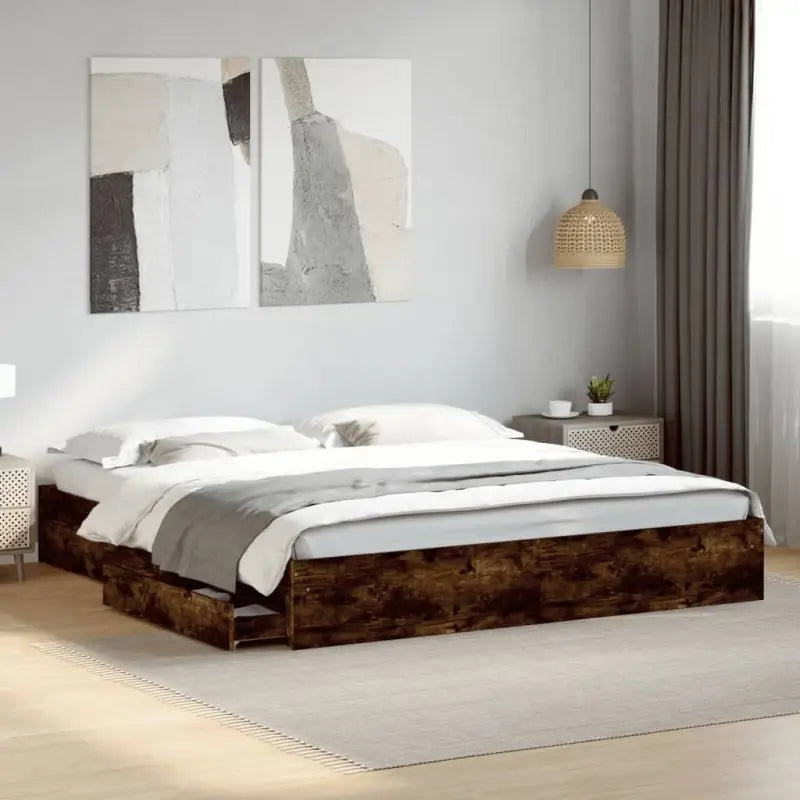 Modern bedframe met lades van bewerkt hout voor een stijlvolle slaapkamer - Gerookt eiken / 200 x 200 cm - Bedden &