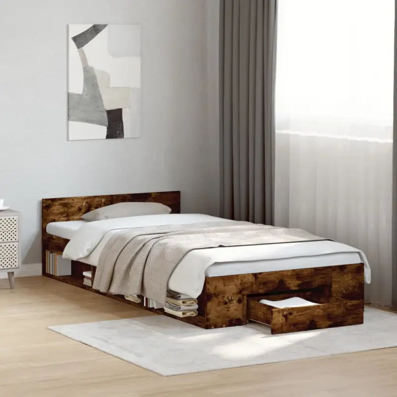 Modern bedframe met lades van bewerkt hout voor een stijlvolle slaapkamer - Gerookt eiken / 75 x 190 cm - Bedden &