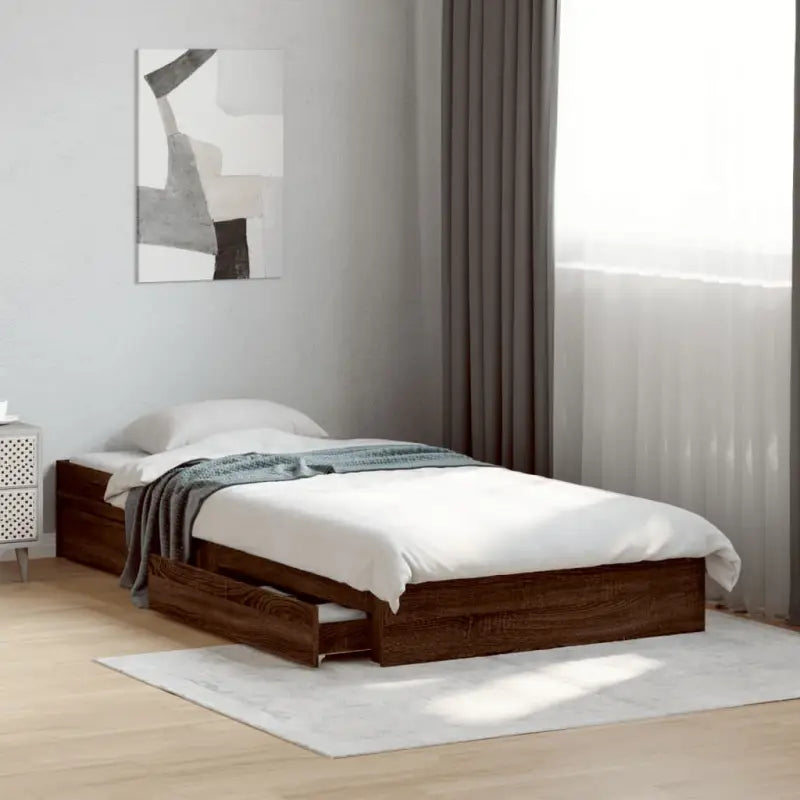 Modern bedframe met lades van bewerkt hout voor een stijlvolle slaapkamer - bruin eikenkleur / 100 x 200 cm - Bedden &