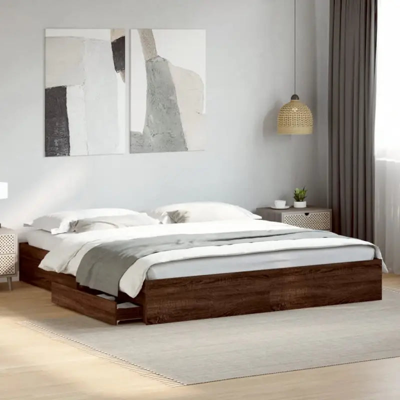 Modern bedframe met lades van bewerkt hout voor een stijlvolle slaapkamer - bruin eikenkleur / 200 x 200 cm - Bedden &
