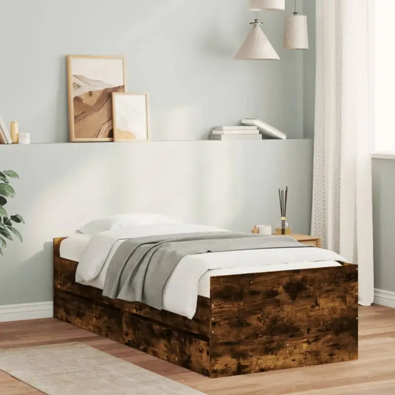 Modern bedframe met lades van bewerkt hout voor jouw slaapkamer - Gerookt eiken / 90 x 200 cm - Bedden & bedframes