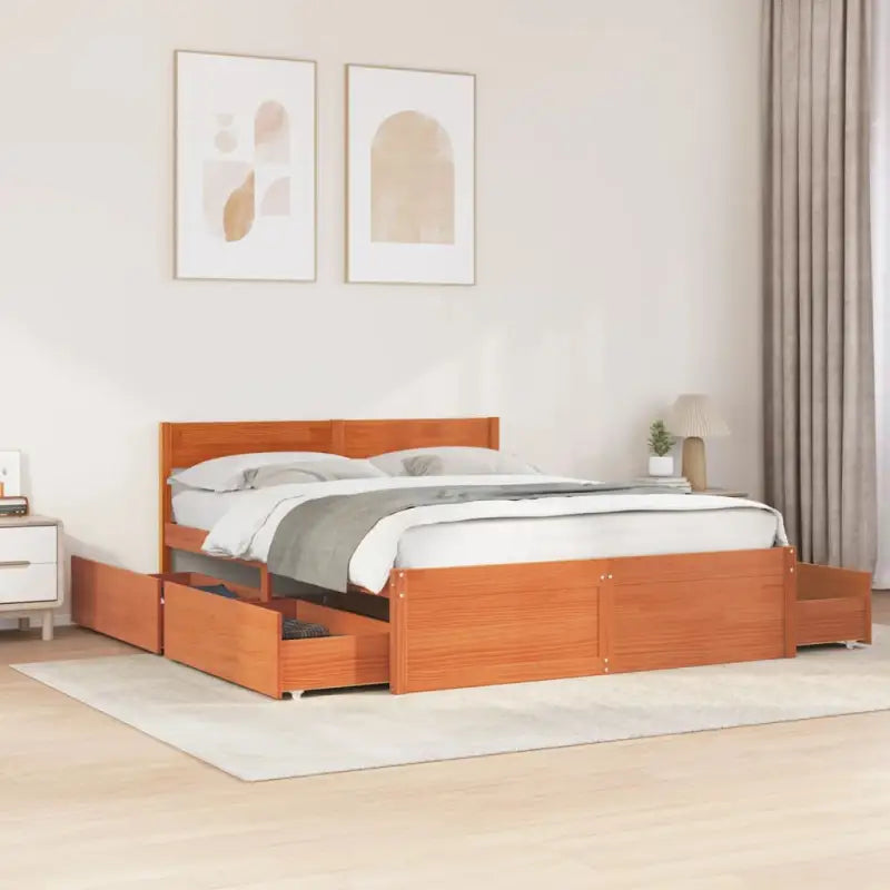Modern bedframe met lades van massief grenenhout en multiplex lattenbodem - Wasbruin / 160 x 200 cm - Bedden & bedframes
