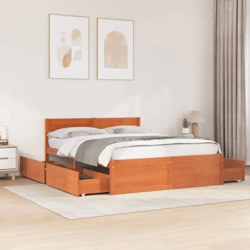 Modern bedframe met lades van massief grenenhout en multiplex lattenbodem - Wasbruin / 140 x 200 cm - Bedden & bedframes