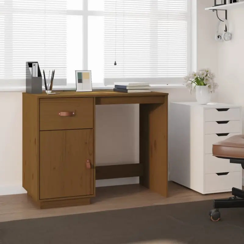 Modern bureau met massief grenenhout voor een elegante werkplek - Honingbruin - Bureaus