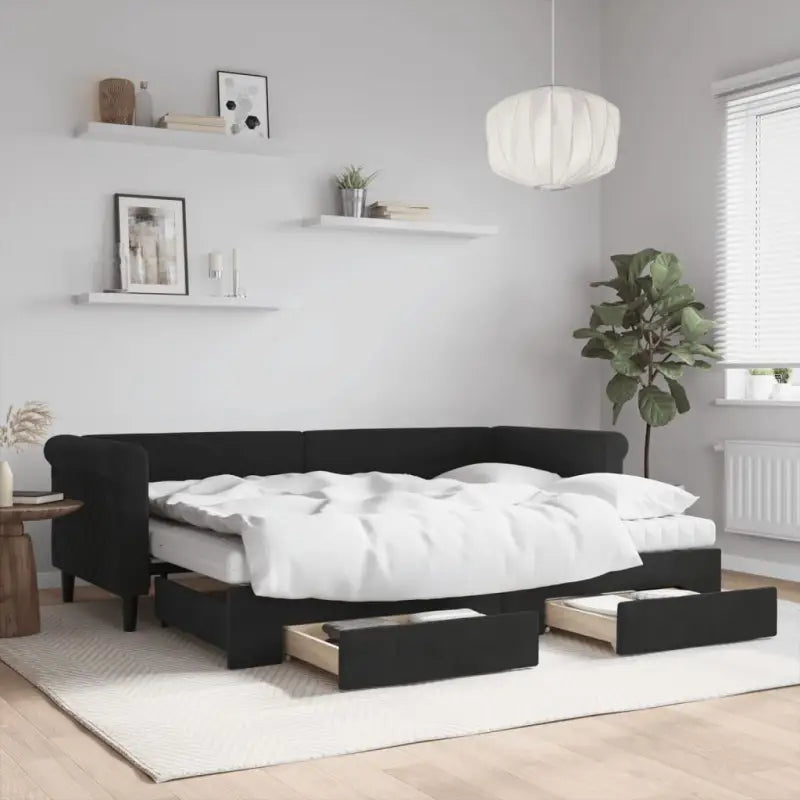 Moderne 2-in-1 slaapbank met onderschuifbed voor woon en slaapkamer - Zwart / 80 x 200 cm / met onderschuifbed en lade