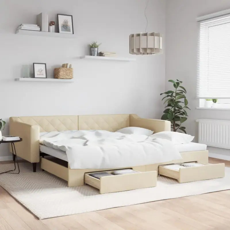 Moderne 2-in-1 slaapbank met onderschuifbed voor woon en slaapkamer - Crème / 100 x 200 cm / met onderschuifbed en lade
